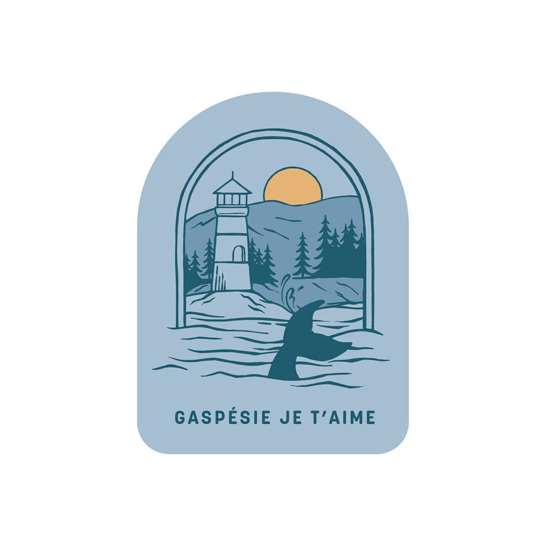 AUTOCOLLANT EN VINYLE GASPÉSIE JE T’AIME LOGO PHARE couleur bleu