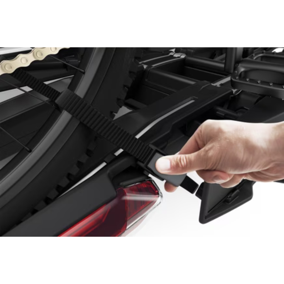 PORTE VÉLO THULE EPOS couleur black/aluminium vu du porte vélo noir attache pour pneus larges