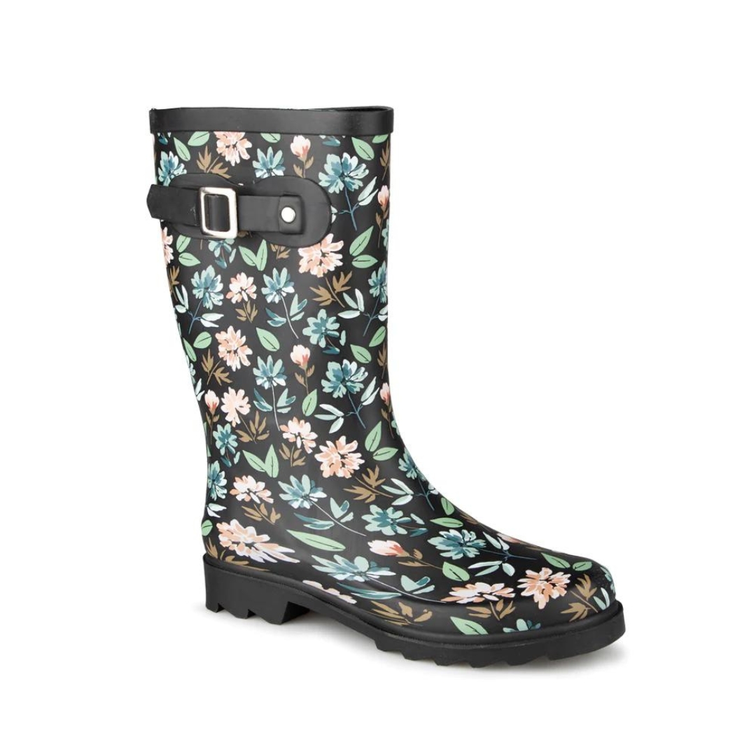 BOTTE DE PLUIE ALBERTO SEADRA POUR FEMME couleur noir/floral vu de la botte noire avec imprimé de fleur de profil droit