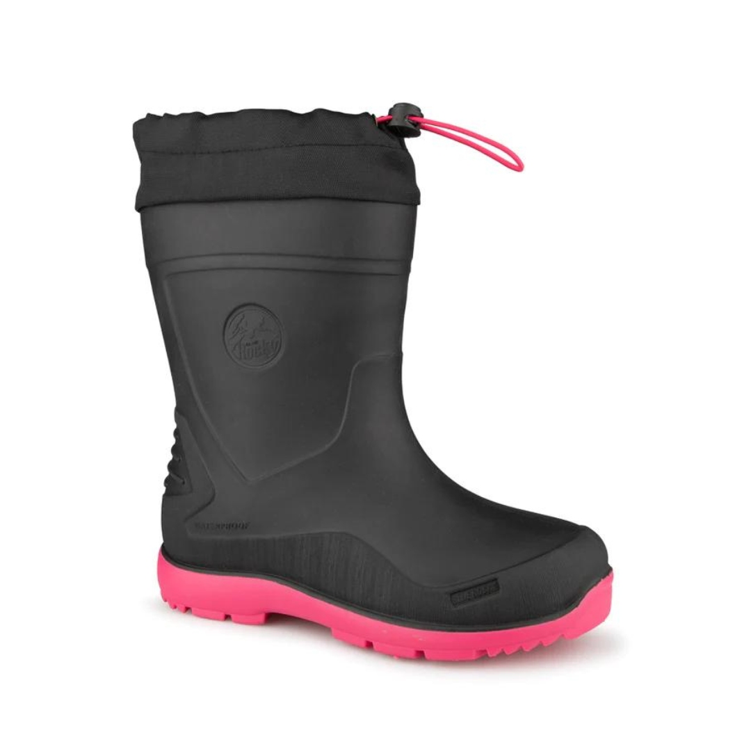 BOTTE DE PLUIE AVEC COLLET BLUE ROCKY FRASER POUR ENFANT couleur noir et rose vu de la botte noire avec semelle d'usure et cordon de serrage rose de profil droit