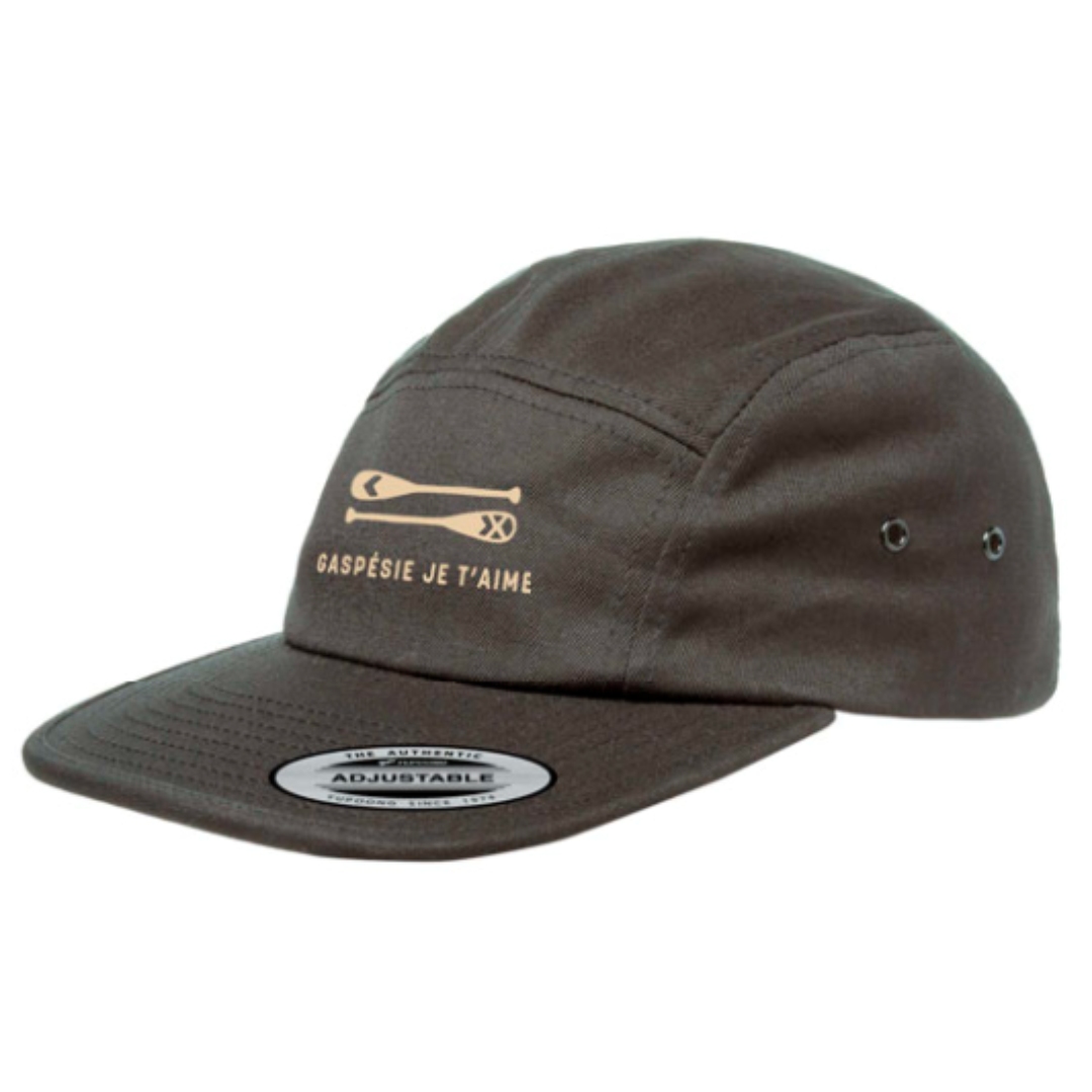 CASQUETTE À 5 PANNEAUX GASPÉSIE JE T'AIME LOGO PAGAIES POUR ADULTE couleur Gris Foncé vu de la casquette grise foncée de profil avant gauche