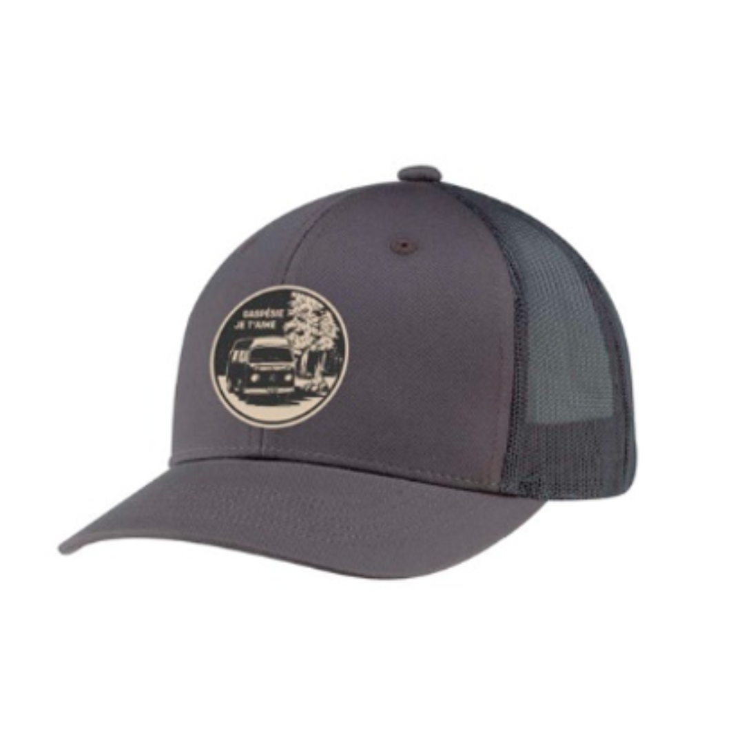 CASQUETTE AVEC FILET GASPÉSIE JE T'AIME LOGO WESTFALIA POUR JUNIOR couleur charbon filet charbon vue de la casquette grise foncée de profil avant gauche