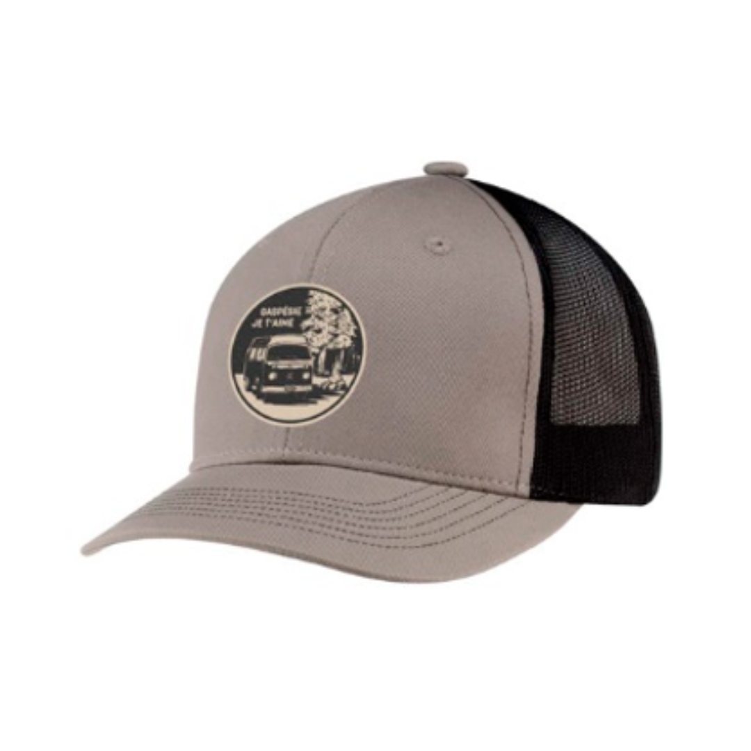 CASQUETTE AVEC FILET GASPÉSIE JE T'AIME LOGO WESTFALIA POUR JUNIOR couleur gris filet noir vue de la casquette grise moyen et noire de profil avant gauche