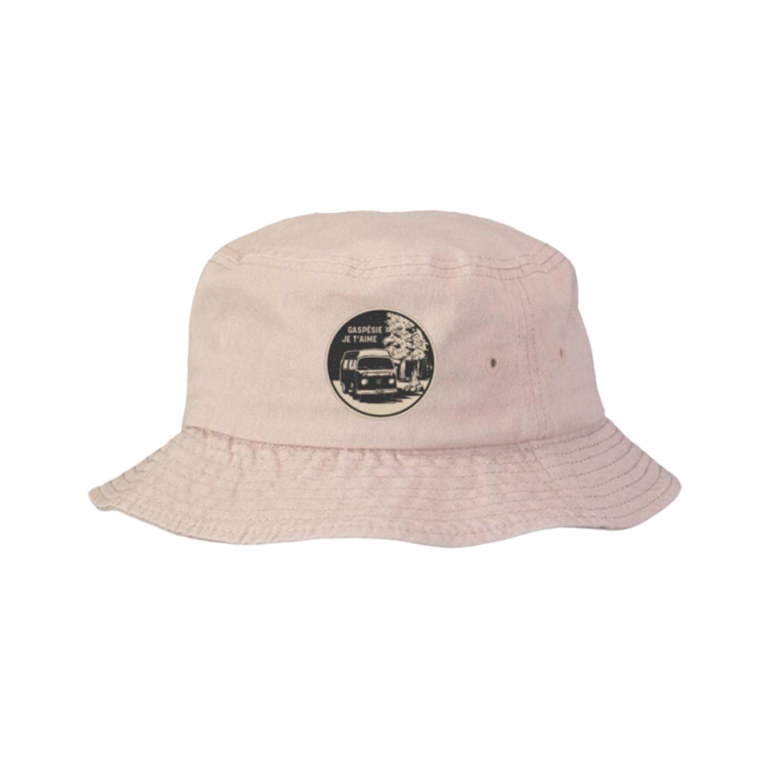 CHAPEAU BOB GASPÉSIE JE T'AIME LOGO WESTFALIA POUR ADULTE couleur khaki vu du chapeau beige de face