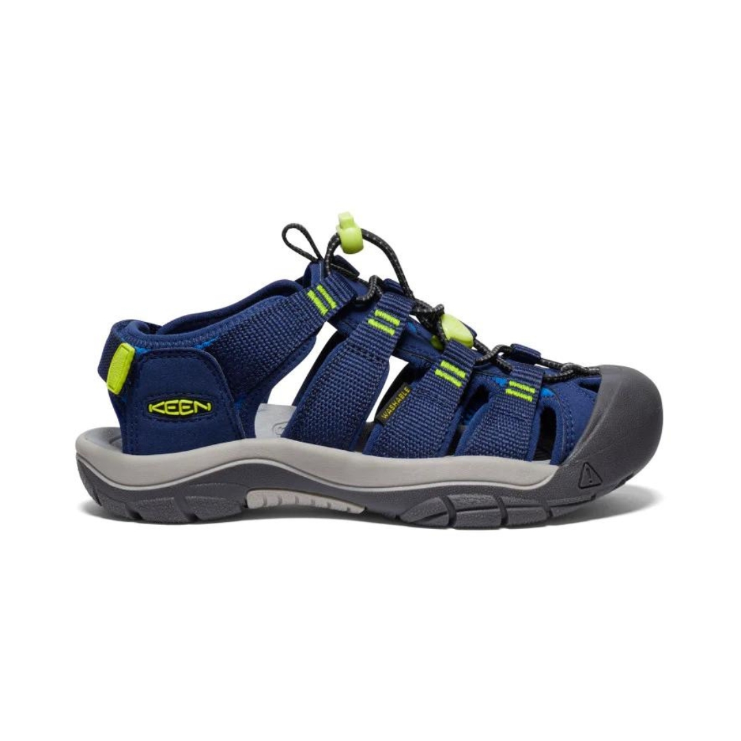 SANDALE KEEN NEWPORT BOUNDLESS POUR enfant couleur Naval Academy/Evening Primrose vue de la sandale bleue marin et grise avec détails vert fluo de profil droit