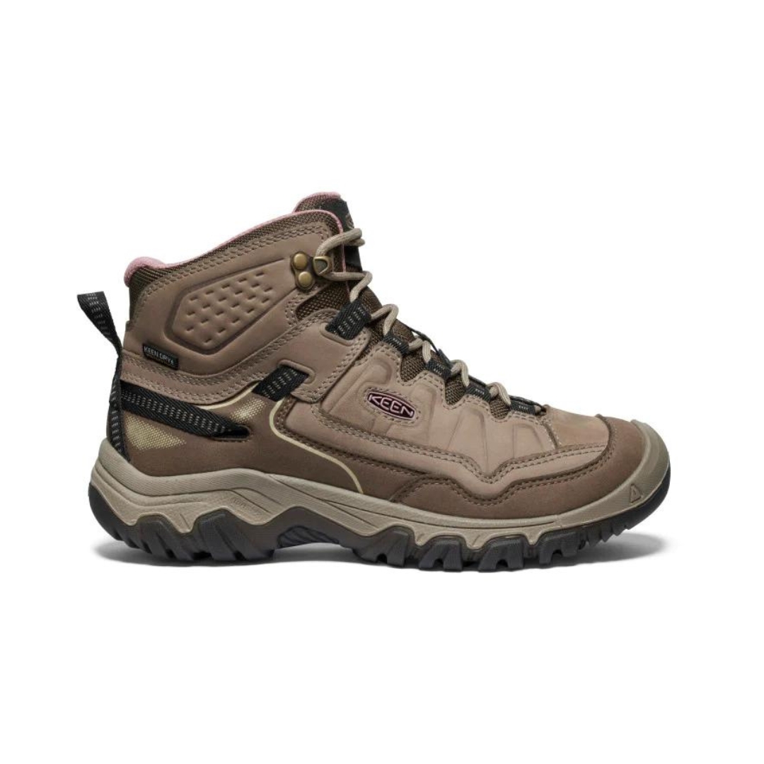 BOTTE DE RANDONNÉE IMPERMÉABLE KEEN TARGHEE IV MID POUR FEMME couleur Brindle/Nostalgia Rose vue de la botte brune, grise et détails roses de profil droit