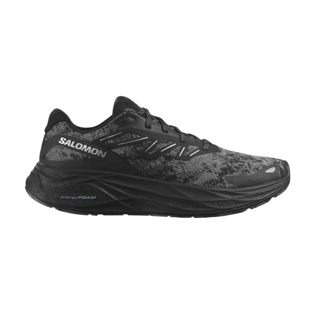 CHAUSSURE DE COURSE SALOMON AERO GLIDE 2 POUR HOMME COULEUR Black / Phantom / Ghost Gray VU DE LA CHAUSSURE NOIRE ET GRISE DE PROFIL DROIT