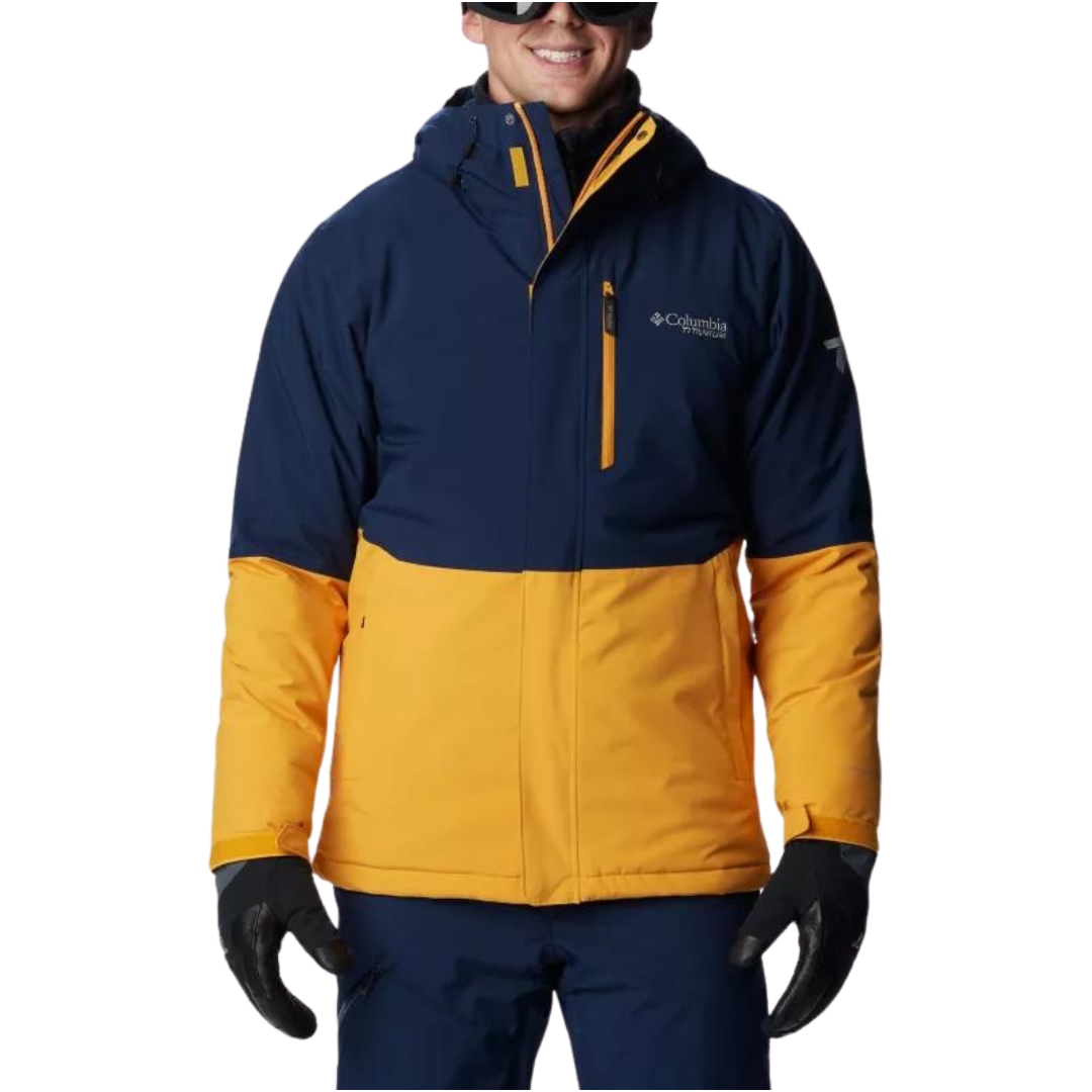 MANTEAU DE SKI ALPIN COLUMBIA WINTER DISTRICT II POUR HOMME couleur 756-RAW HONEY/COLLEGIATE navy vu du manteau bleu marin foncé et jaune ocre porté par un homme vu de la tête aux cuisses de face