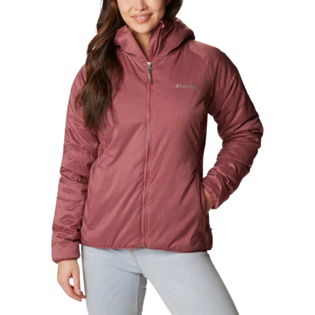 COQUILLE SOUPLE DUVETEUSE COLUMBIA KRUSER RIDGE II POUR FEMME COULEUR 679-BEETROOT VU DU MANTEAU ROSE/PÊCHE PORTÉ PAR UNE FEMME VUE DE LA TÊTE AUX CUISSES DE FACE