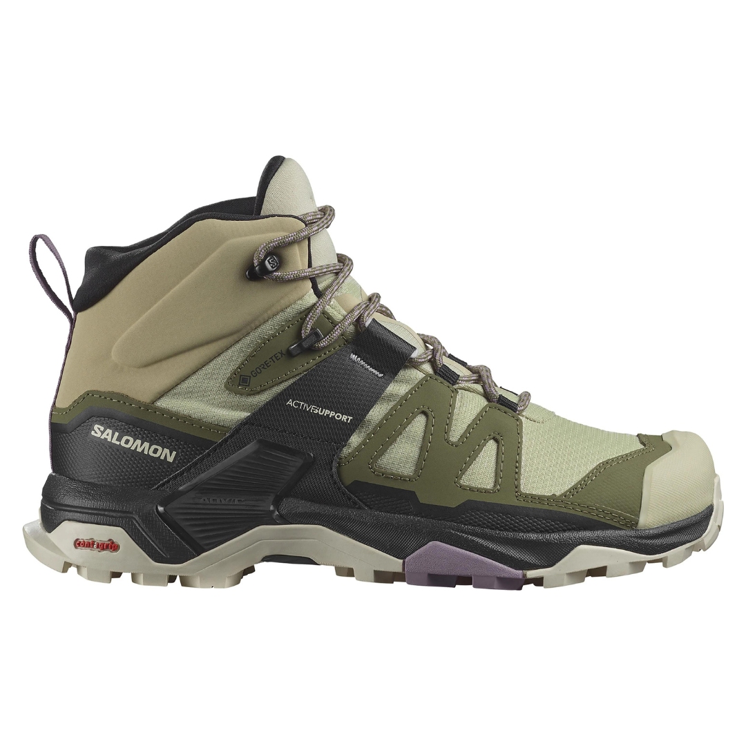 BOTTE DE RANDONNÉE SALOMON X ULTRA 4 MID GTX POUR FEMME COULEUR Alfalfa - Deep Lichen Green - Almond Milk VU E DE LA BOTTE VERTE, KAKI ET GRISE FONCÉE DE PROFIL DROIT