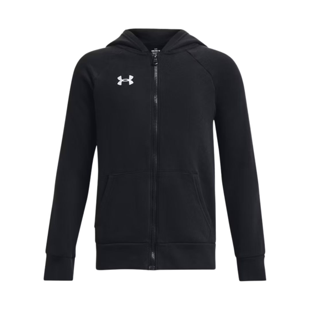Sweat à capuche noir zippé à manches longues, deux poches avant, une capuche et le logo Under Armour blanc sur la poitrine gauche. Son design est simple et sportif.