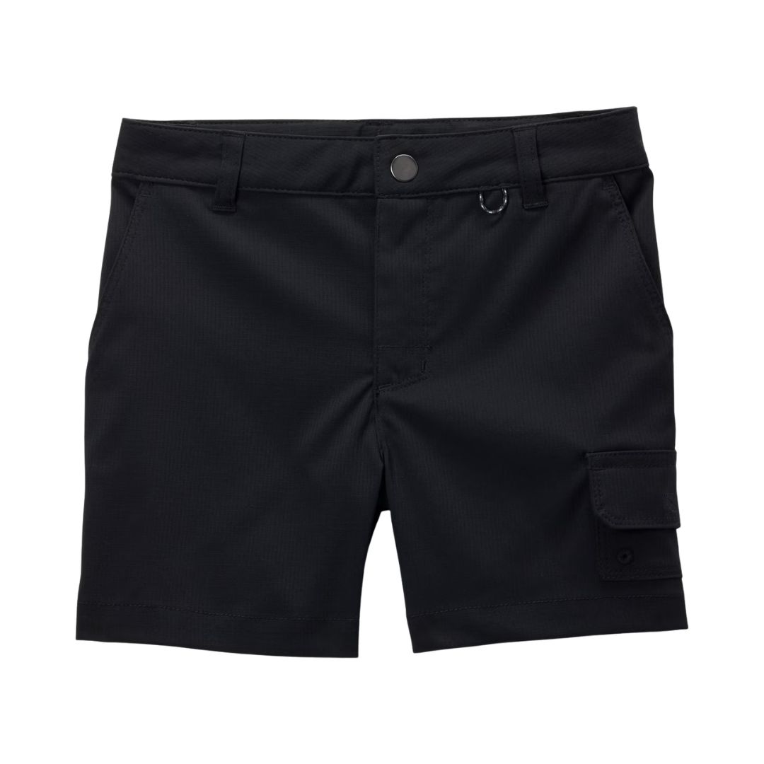 Short « TECH TRAIL UTILITY » noir, doté de passants de ceinture, de poches latérales, d'un petit anneau près de la ceinture et d'une poche cargo boutonnée sur la jambe droite, présenté sur fond blanc.