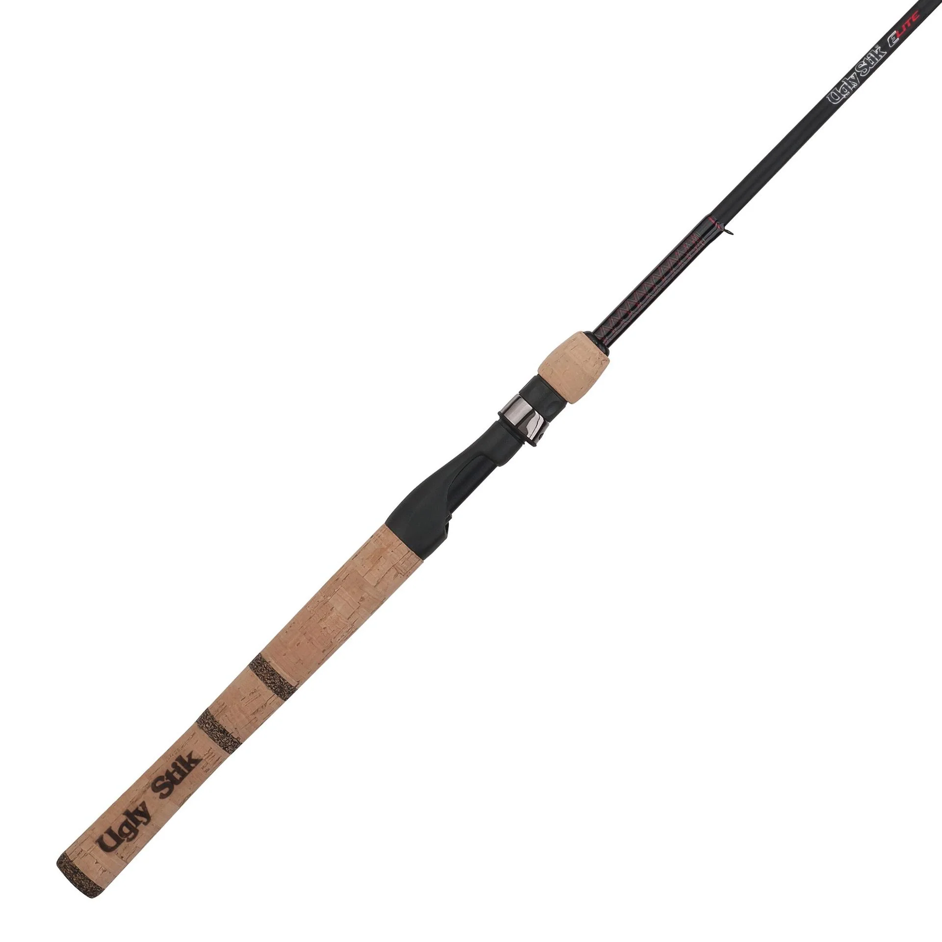 Canne à pêche avec poignée en liège et porte-moulinet noir, portant la marque "Ugly Stik" sur la poignée, et une fine canne à pêche noire se prolongeant vers le haut.