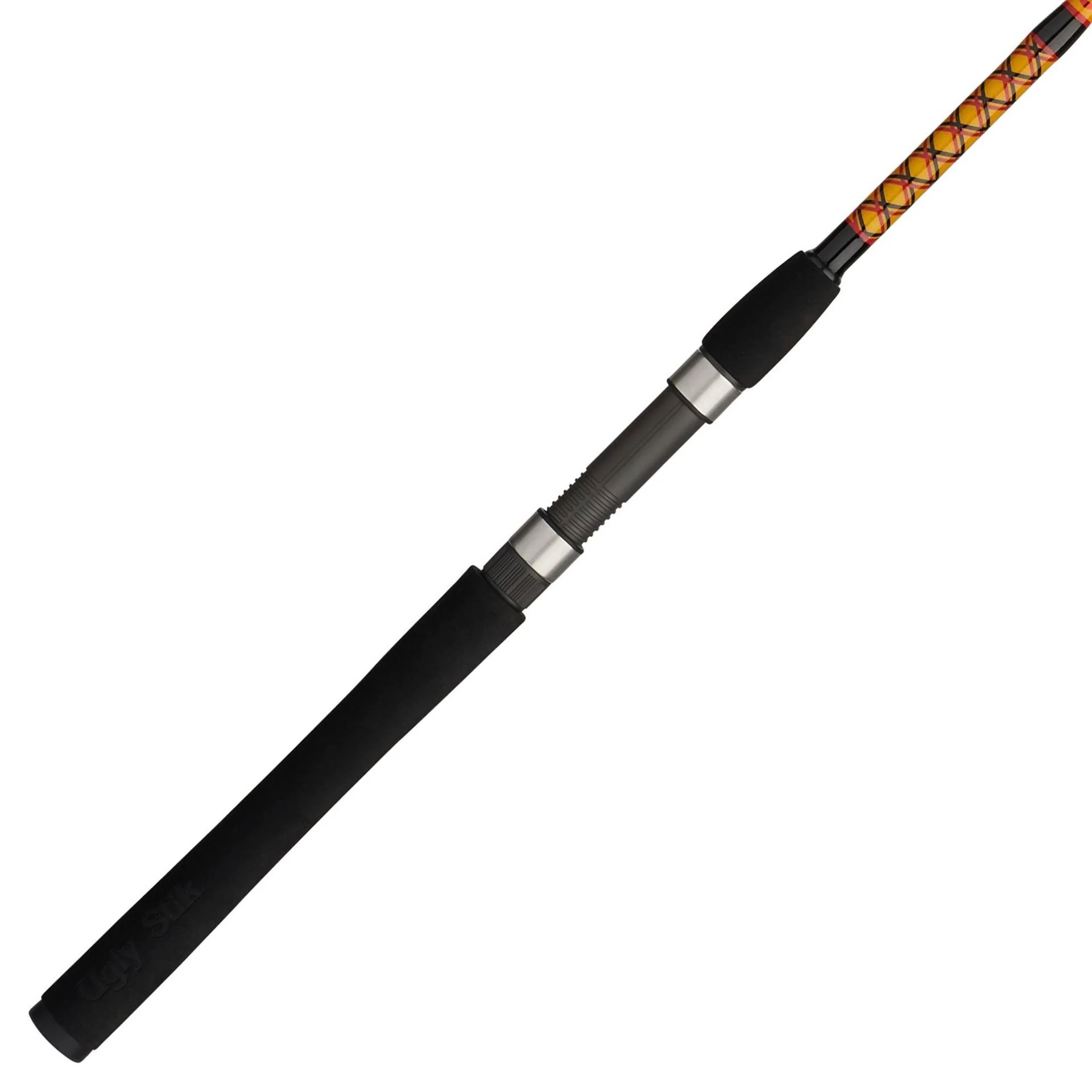 Gros plan sur le manche d'une canne à pêche avec une poignée en mousse noire, un porte-moulinet en métal et une bande décorative orange et jaune hachurée sur la partie supérieure de la canne.