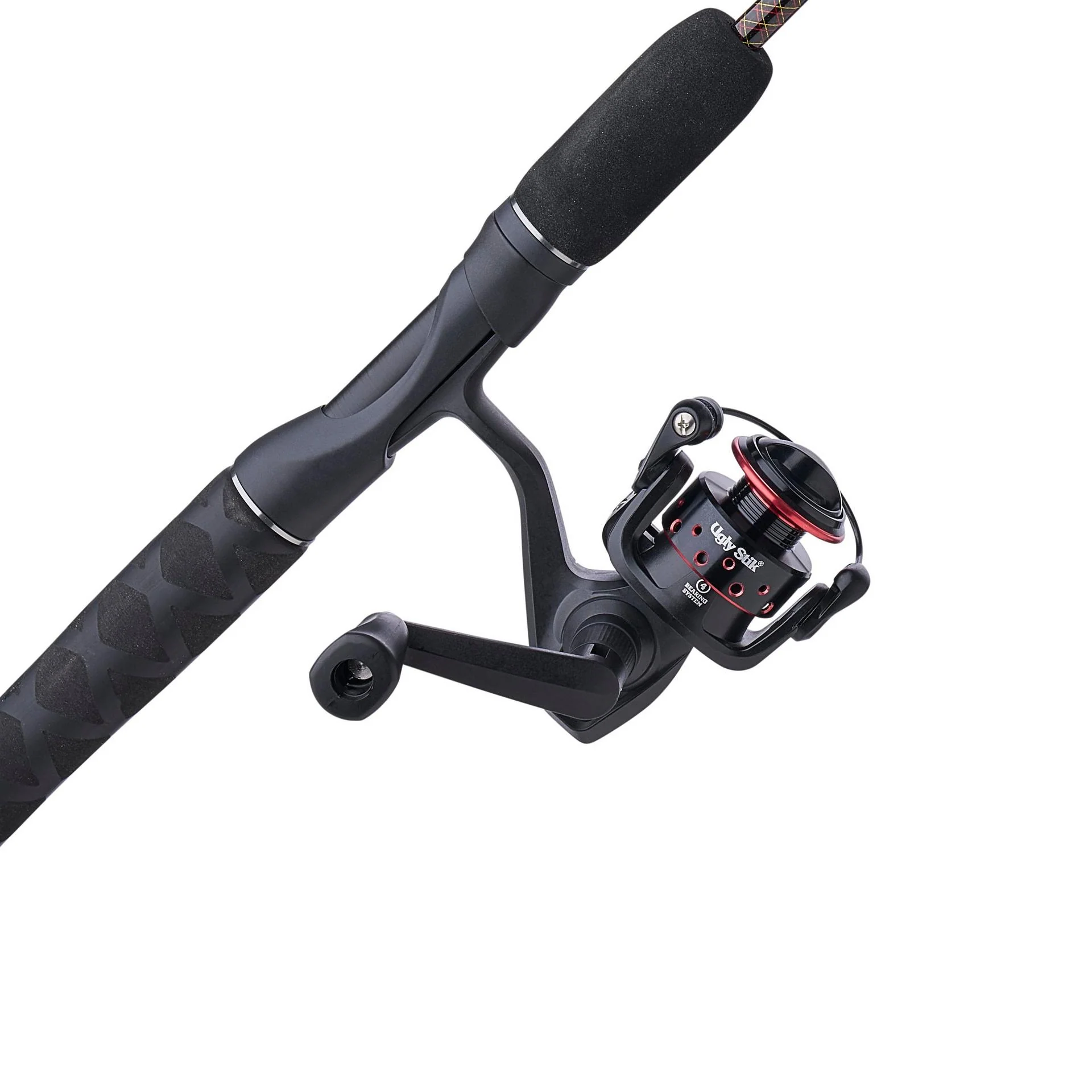 Gros plan sur la canne à pêche américaine GX2 SPIN 6F6IN 4PC M de couleur noire, équipée d'un moulinet à lancer et rehaussée de touches distinctives rouges et argentées, ainsi que d'une poignée texturée.