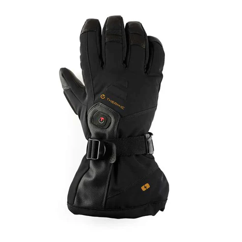 Les gants chauffants ULTRA HEAT BOOST HEATED GLOVES M sont des gants d'hiver isolés noirs dotés d'un bracelet réglable, d'un bouton d'alimentation visible et de la marque Therm-ic sur le dos de la main.