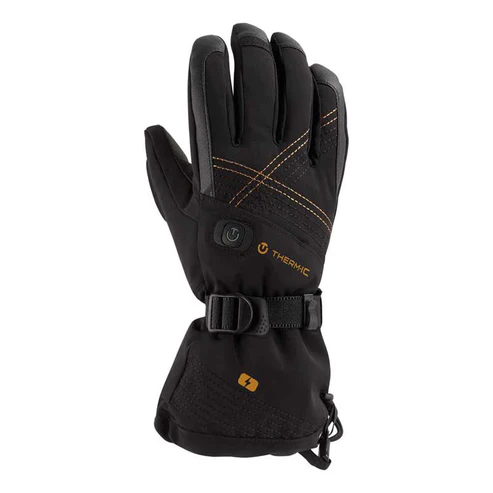 Les ULTRA HEAT BOOST HEATED GLOVES W sont des gants d'hiver isolés noirs avec des coutures orange, un bracelet réglable, un bouton d'alimentation pour le contrôle de la chaleur et l'inscription "Therm-ic" imprimée en orange sur le dos.