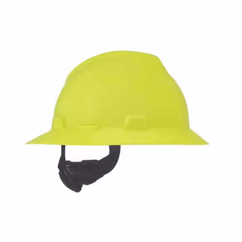 Le CASQUE DE PROTECTION V-GARD est un casque de sécurité jaune vif avec un large bord et une jugulaire noire réglable, présenté de côté sur un fond blanc uni.