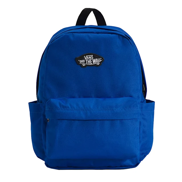 Sac à dos K OLD SKOOL GROM bleu, doté d'une poche avant, de deux poches latérales et d'une petite poignée noire sur le dessus. Le logo « Off the Wall » de Vans figure sur la partie supérieure avant du sac. Le sac à dos est présenté sur fond blanc.