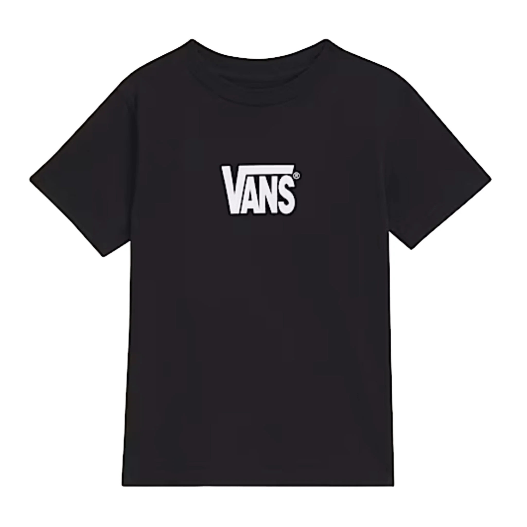 Le T-SHIRT LOGO VANS STRETCH POUR ENFANT (2 À 7) est un tee-shirt noir à manches courtes avec un logo Vans blanc centré sur la poitrine, présenté à plat sur un fond blanc.
