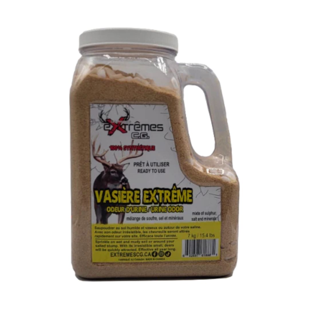 Un conteneur en plastique de 7 kg de VASIÈRE EXTRÊMES C.G. POUR CHEVREUIL, un produit de contrôle des odeurs d'acide urique prêt à l'emploi, avec une image d'élan et un texte d'étiquette jaune en français et en anglais.