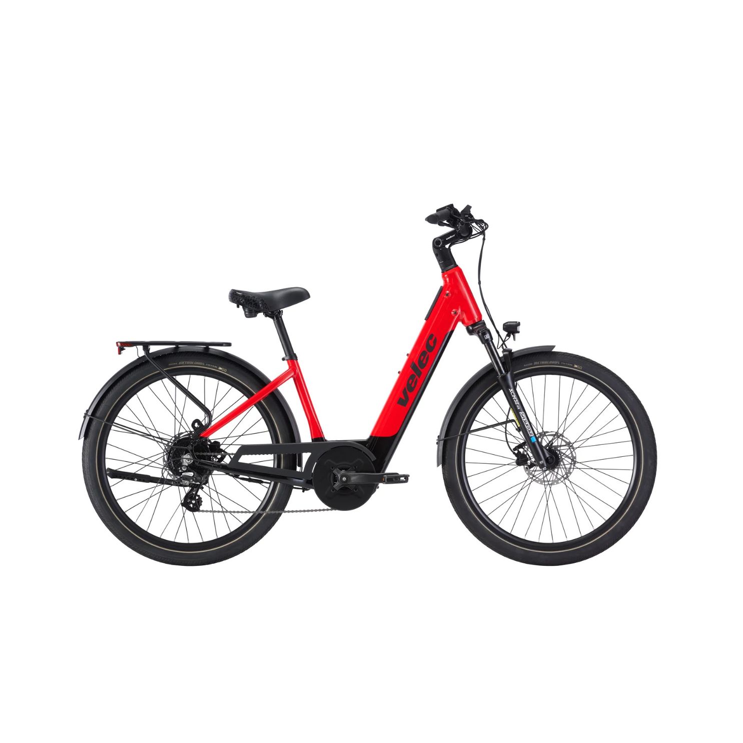 Le E3 36V/15Ah est un vélo électrique rouge avec un cadre traversant, une selle, un guidon et des roues noirs, présenté de profil sur fond blanc.