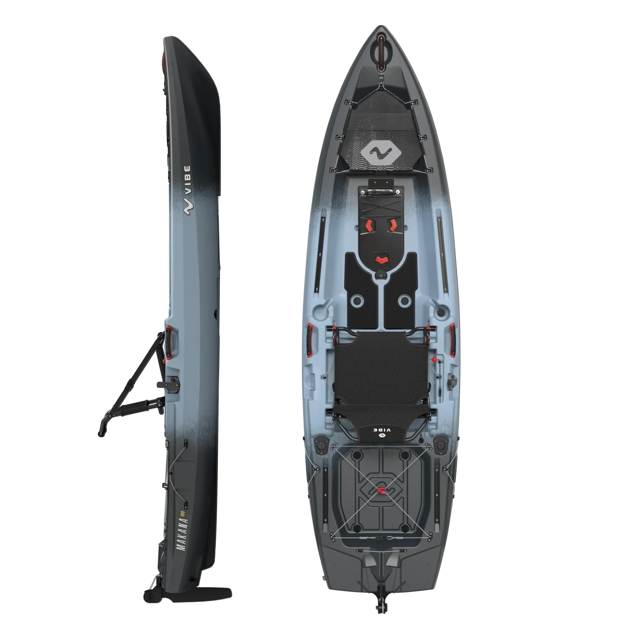 Deux vues du kayak de pêche MAKANA 100 DRIVELESS : une vue de profil et une vue de dessus montrant les coffres de rangement, les repose-pieds et les nombreux rails de fixation. Le kayak arbore une palette de couleurs bleu et gris, rehaussée de détails noirs et rouges.