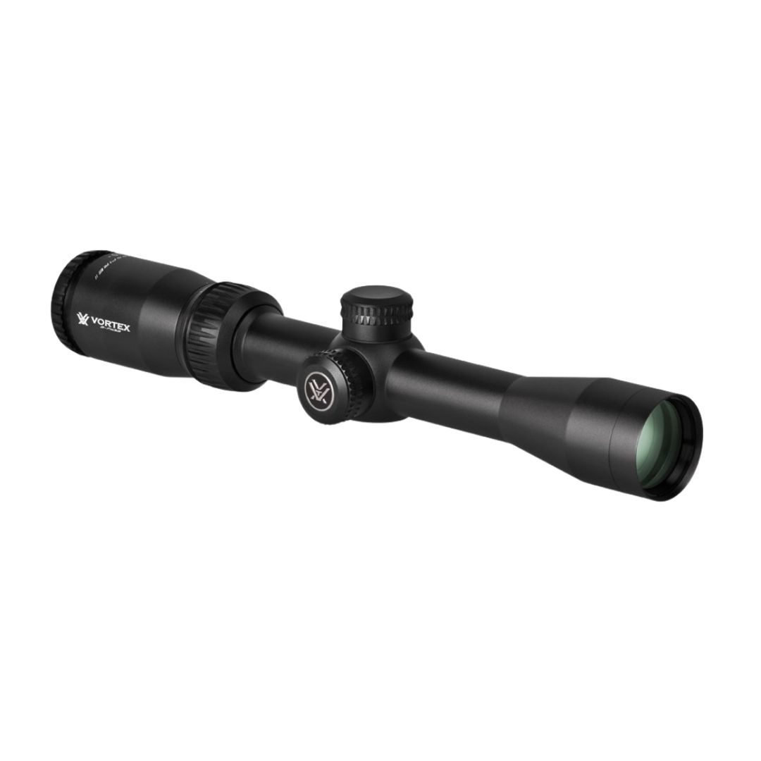 Lunette de visée Vortex noire avec cadrans de réglage et objectif teinté en vert, sur fond blanc.