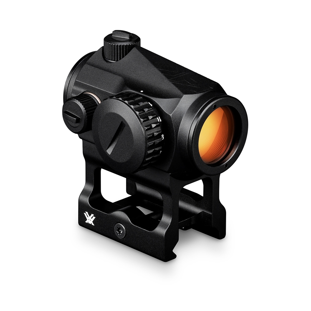 Viseur tactique reflex à point rouge noir avec boutons de réglage, monté sur une base surélevée, avec lentille teintée orange.