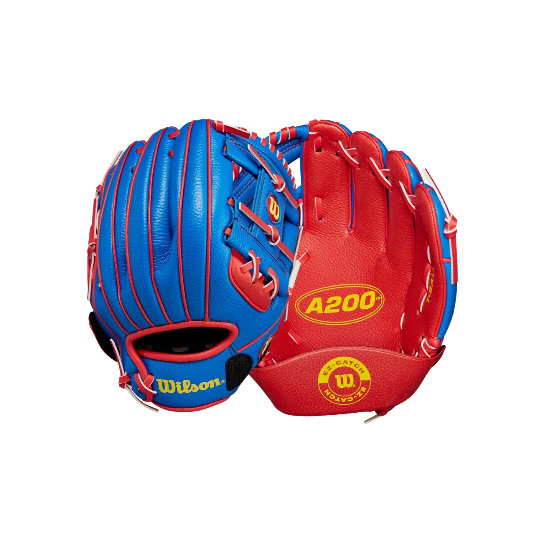 Deux gants GANT DE SOFTBALL A200 EZ CATCH en cuir bleu et rouge avec des accents de marque jaunes, présentés paume et dos vers le haut sur un fond blanc.