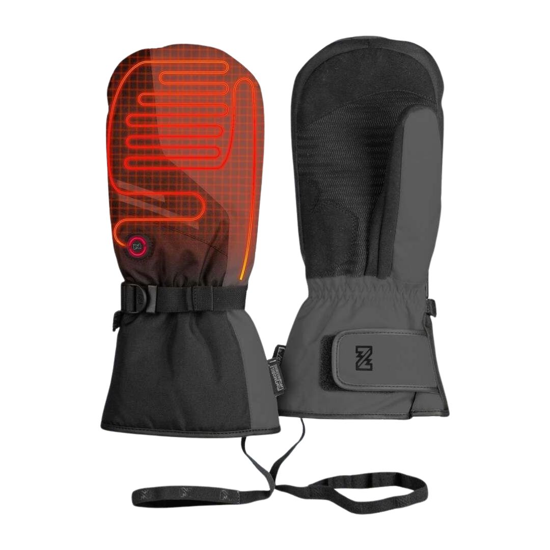 La MITAINE CHAUFFANTE MOBILE WARMING STORM V2 UNISEXE est une paire de moufles d'hiver chauffantes noires avec des éléments chauffants rouges-oranges visibles, des sangles de poignet réglables et une laisse de poignet connectée.