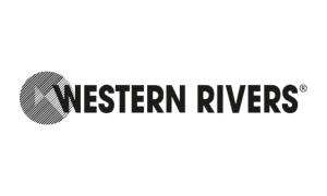 L'image montre le logo de « Western Rivers » en lettres noires en gras à côté d'un dessin circulaire à rayures diagonales. Le fond est blanc.