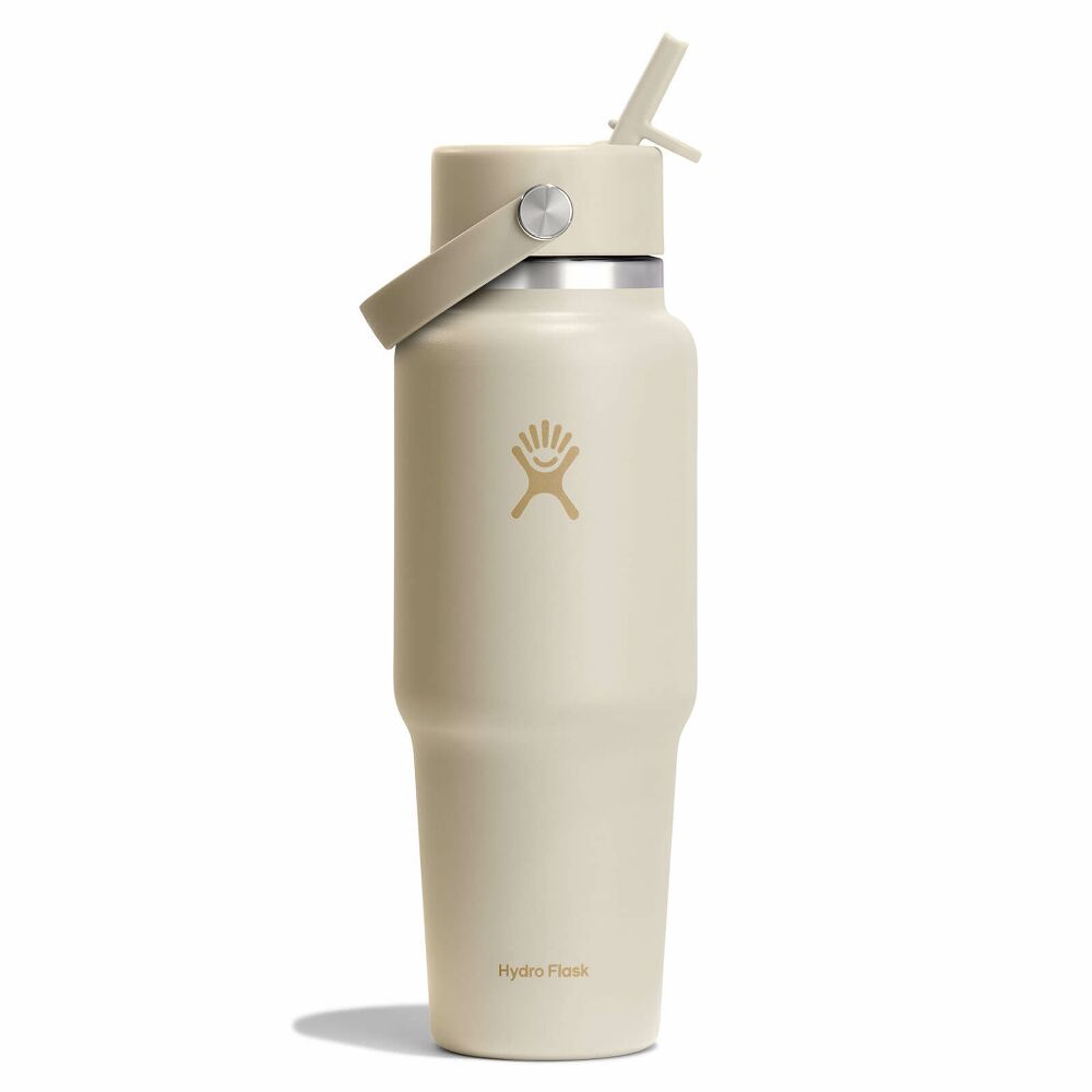 Bouteille de voyage WIDE FLEX STRAW beige de 32 OZ avec poignée et couvercle en paille, portant le logo Hydro Flask sur le devant.