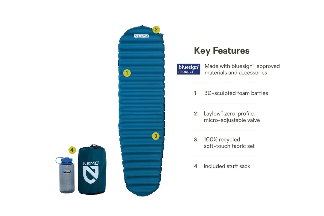 Un matelas gonflable bleu avec cloisons horizontales en mousse, présenté avec un sac de rangement bleu et une bouteille d'eau. Ses principales caractéristiques comprennent une valve micro-réglable et du tissu recyclé.