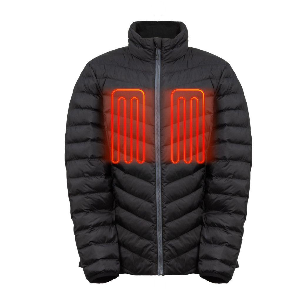 Une VESTE CHAUFFANTE FIELDSHEER MOBILE WARMING BACKCOUNTRY XTERA POUR FEMME noire avec un élément chauffant orange visible sur la poitrine, indiquant clairement qu'il s'agit d'une veste chauffante.